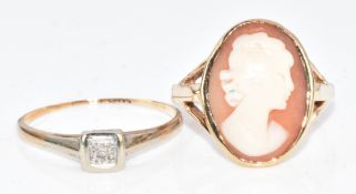 A 9ct gold ring set with a cameo and an Art Deco 9ct gold ring set with a diamond, 4.3g, sizes L &