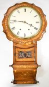 Inlaid mahogany drop dial wall clock with scrolling case, glazed fretwork pendulum window and