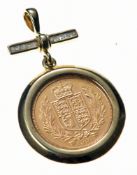 A 9ct gold pendant set with a 2002 Elizabeth II gold half sovereign and diamonds, 8.4g