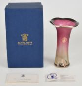 Laugharne for The Royal Mint hallmarked silver overlaid glass vase with floral decoration over