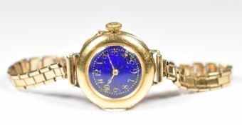 Le Roy & Fils 18ct gold ladies wristwatch with gold hands and Arabic numerals, blue enamel dial