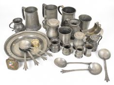 Georgian or Victorian and later pewter to include plate, tankards, spoons and gill and similar