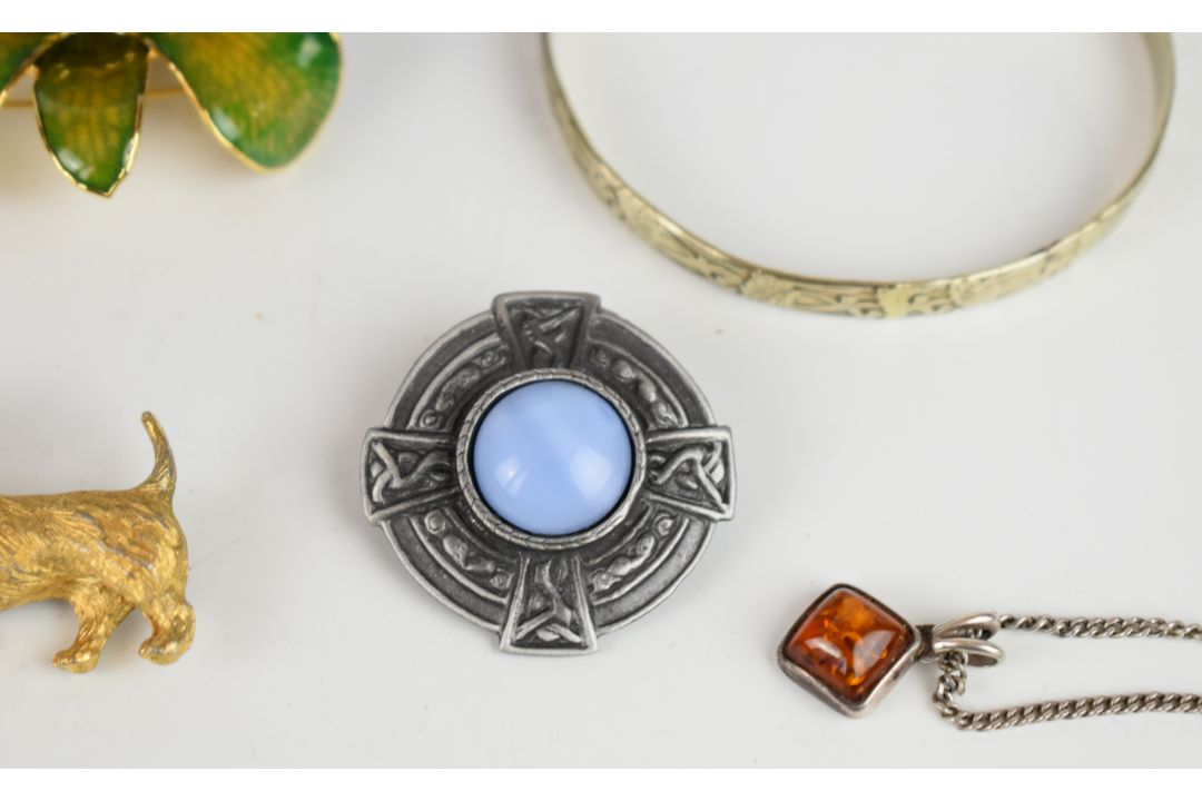 Three silver pendants set with pressed amber, synthetic opal and paste, marcasite earrings, - Image 3 of 9