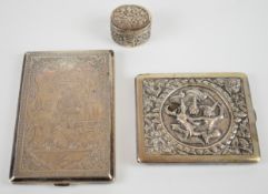 Iranian or similar silver cigarette case with engraved decoration of a farmer with his animals,