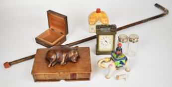Two hallmarked silver mounted glass dressing table jars, hallmarked silver handled walking cane,