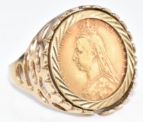 A 9ct gold ring set with an 1892 gold half sovereign, 7.8g, size S