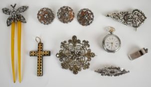 A collection of jewellery including Victorian cut steel hair slide, brooch and three buttons,