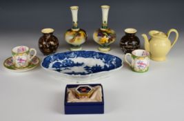 18th/19thC creamware teapot, pair of Macintyre pedestal vases, Royal Crown Derby trinket box,