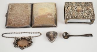 Hallmarked silver items comprising large matchbox holder, modern sherry bottle ticket or label,