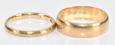 Two 9ct gold wedding bands / rings, 6g, size N