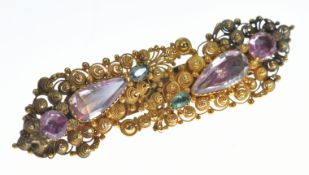 Georgian cannetille brooch set with pink tourmaline and emeralds, 5.5cm, 7.1g (tests as 18ct gold)