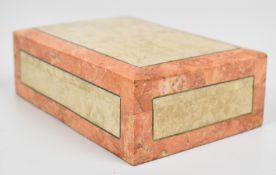 Inlaid polished fossil and marble cigarette box with wooden lining, W16 x D11 x H5cm