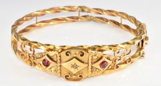 Edwardian 9ct gold bangle set with a diamond and two paste stones, Chester 1909, 10.7g, in antique