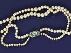 Antique double strand of natural saltwater pearls, the Art Deco platinum clasp set with a