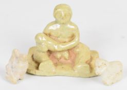 Antiquities, glazed mother and child pottery figure, carved ram and embracing couple, tallest 6cm