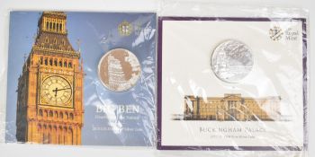 Two Royal Mint £100 fine silver 999/1000 coins, one Big Ben the other Buckingham Palace, both 62.8g,