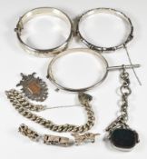 Three silver bangles, one with bamboo decoration (41.4g), silver curb link bracelet (32g), three