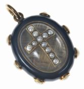 Victorian double sided locket set with a split pearl cross, black enamel, further split pearls to