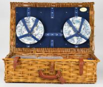 Harrods wicker picnic hamper and contents with embossed 'Harrods' leather label, W67 x D43 x H19cm