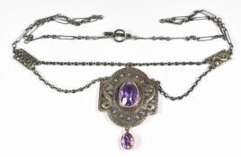 Murrle Bennett silver Arts & Crafts necklace with hammered decoration set, with two oval cut