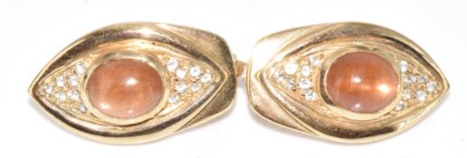 A pair of 9ct gold earrings set with sunstone and topaz, 8.7g