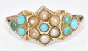 Victorian 9ct gold ring set with split pearls and turquoise cabochons, 1.5g, size O