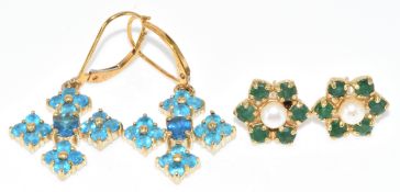 Two pairs of 9ct gold earrings, one pair set with apatite and the other with a pearl surrounded by