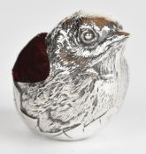 George V large novelty hallmarked silver pin cushion formed as a chick, Chester 1913, maker