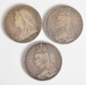Three Queen Victoria crowns comprising 1887, 1889 and 1900, weight 84g