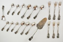 German or similar silver cutlery comprising six each of tea and coffee spoons, serving slice, shovel