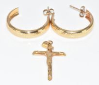 A pair of 9ct gold earrings and two 9ct gold crucifixes, 1.5g