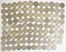Approximately 1210g pre 1947 British silver coinage comprising 107 George V and George VI florins