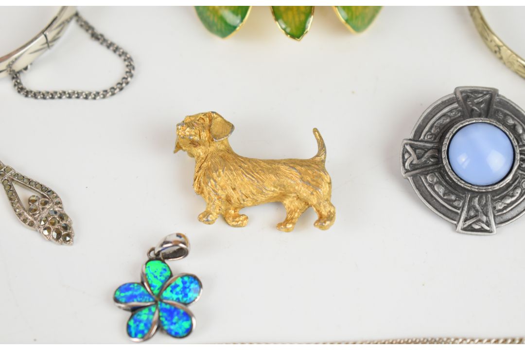 Three silver pendants set with pressed amber, synthetic opal and paste, marcasite earrings, - Image 2 of 9