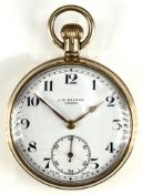 J W Benson 9ct gold keyless winding open faced pocket watch with subsidiary seconds dial, gold