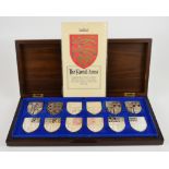 Yorkshire Mint cased set of 12 hallmarked silver commemorative Royal Arms shield shaped