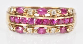 A 9ct gold ring set with rubies and diamonds in three rows, 3.5g, size T