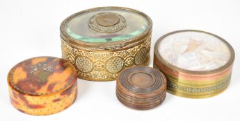 Four 19thC caskets / patch pots including a French bevelled glass oval jewellery box, brass and