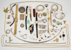 A collection of jewellery including 9ct gold watch, two silver watches, silver pendant set with