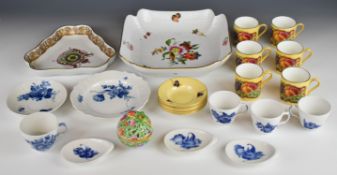 Herend porcelain dish and covered pot with floral decoration, six Aynsley Orchard Gold coffee cans