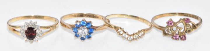 Four 9ct gold rings set with cubic zirconia, spinel, and paste, 4.8g, sizes P/Q, M/N, O & N