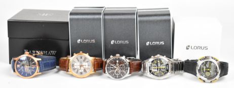 Five gentleman's wristwatches comprising five Lorus and an Earnshaw automatic ref. ES-8801, all in