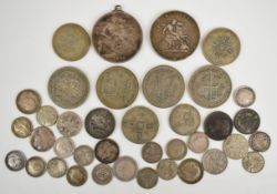 Approximately 132g of pre 1947 coinage, 71g of pre 1920 coinage including an 1819 George III crown