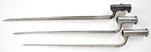 Three British bayonets comprising 1853 pattern socket bayonet, the 45cm triangular blade
