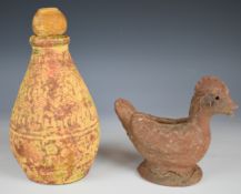 Eastern pottery terracotta figure of a chicken and a pottery bottle with moulded decoration, tallest