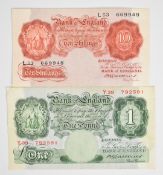 Bank of England B.G. Catterns  ten shillings and £1 Series A (Britannia) issue banknotes. The 10/-