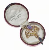 Art Nouveau 15ct gold pendant set with an oval cut amethyst, split pearls and a pear cut amethyst,