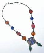 Egyptian Revival silver necklace set with aventurine quartz, amber, rhodolite, sodalite and agate,