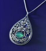 Theodore Fahner Art Nouveau silver pendant set with green agate and marcasite, 9.5g, 4.2cm
