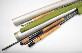 Three trout and salmon fly fishing rods including Orvis 11' Salmon 4 7/8oz #9, Fenwick 10' 6'' #5/