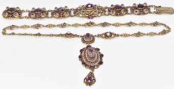 Austro-Hungarian silver gilt bracelet and necklace set with split pearls, seed pearls, paste and